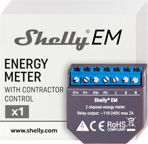 Shelly · Montaggio ad incasso · "EM" · Contatore elettrico · Max. 2x 120A · Senza terminali · Funzione di misurazione · WLAN